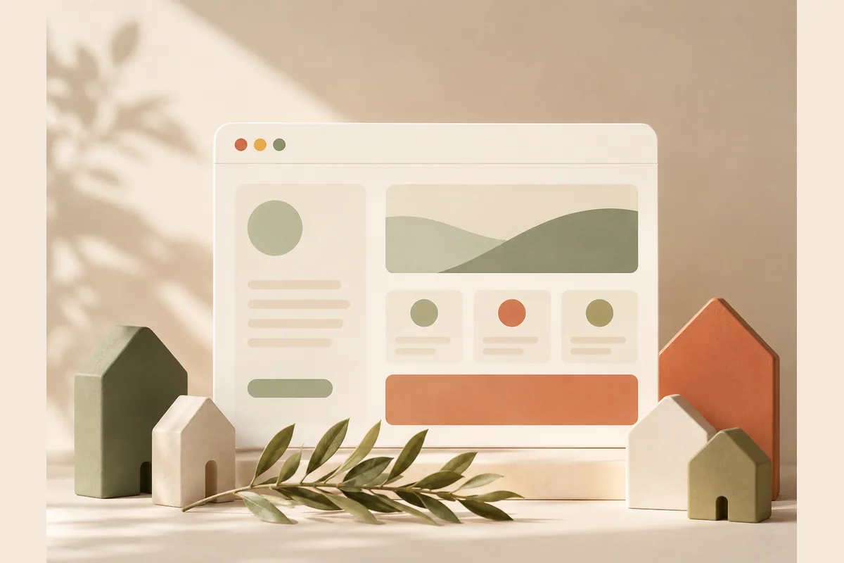 Ilustrasi jendela browser di tengah kumpulan rumah kecil, menggambarkan website komunitas desa.