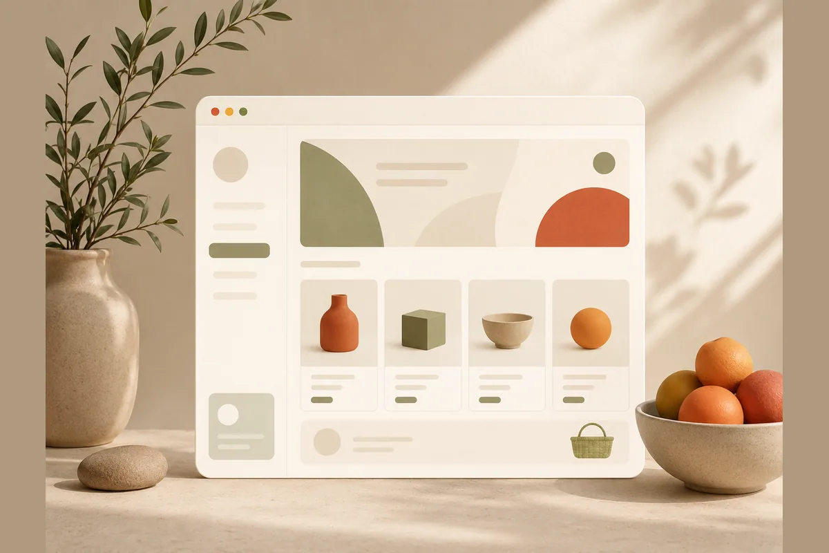 Ilustrasi jendela browser berbentuk toko online dengan keranjang dan kartu produk, menggambarkan jasa pembuatan website ecommerce.