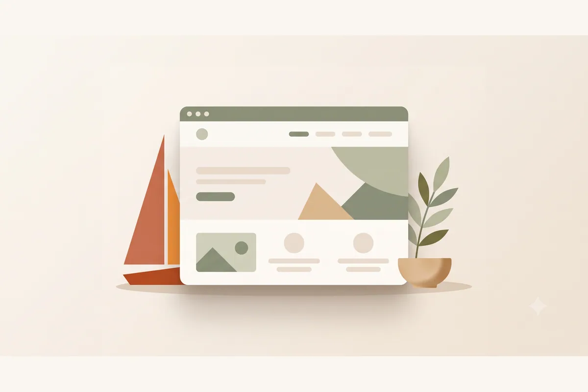 Mockup jendela browser berisi halaman bisnis lokal dengan bentuk layar perahu di sampingnya, mewakili jasa pembuatan website untuk bisnis di Makassar.