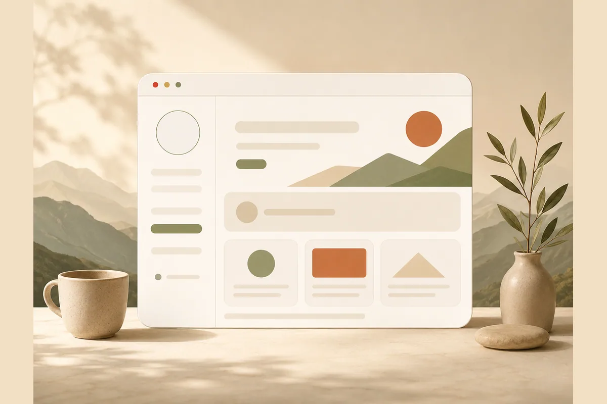 Ilustrasi jendela browser dengan latar punggung gunung dan cangkir kopi, menggambarkan bisnis lokal Malang seperti kafe dan wisata Batu.