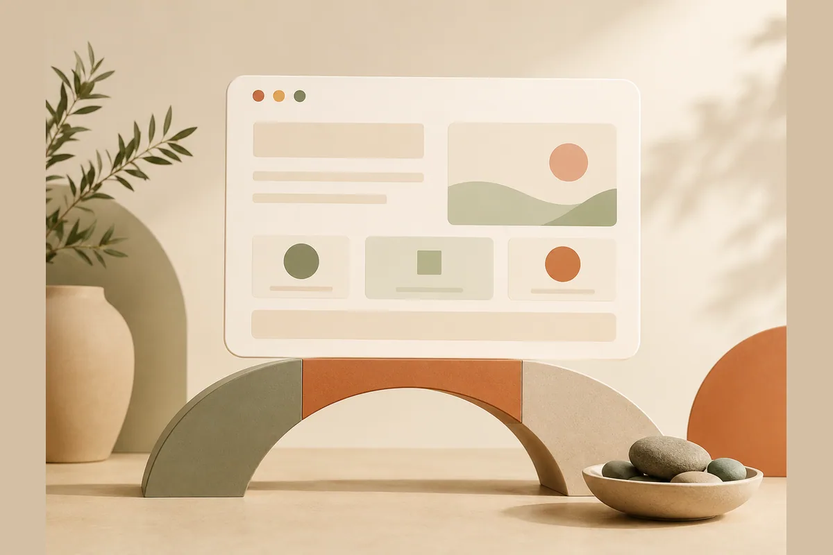 Mockup jendela browser di atas bentuk jembatan lengkung geometris, menggambarkan jasa pembuatan website untuk bisnis di Surabaya.