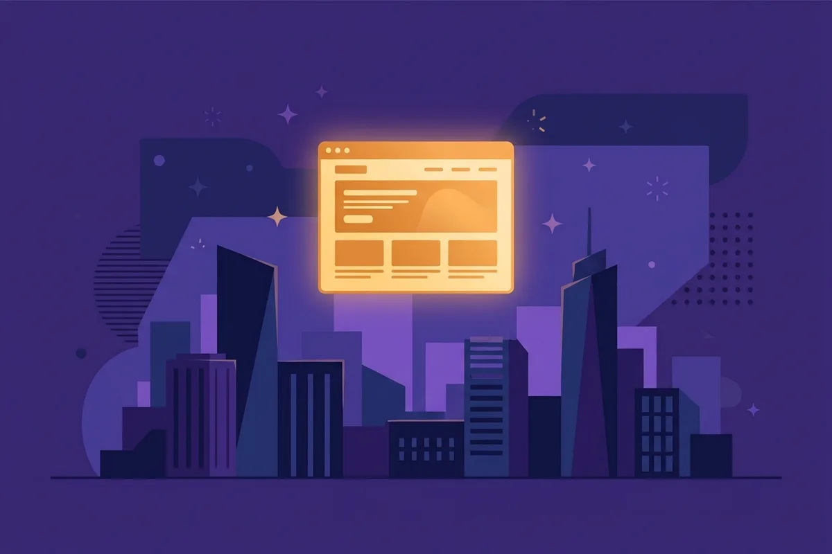 Jendela browser amber menyala berisi website bisnis melayang di atas siluet gedung-gedung kota Tangerang bergaya flat vector ungu
