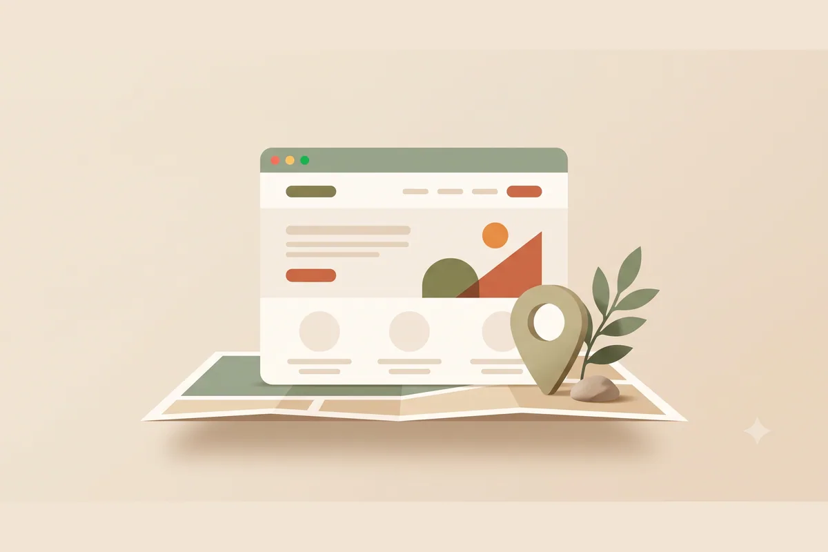 Jendela browser amber menyala berisi website bisnis melayang di atas siluet gedung-gedung kota Tangerang bergaya flat vector ungu