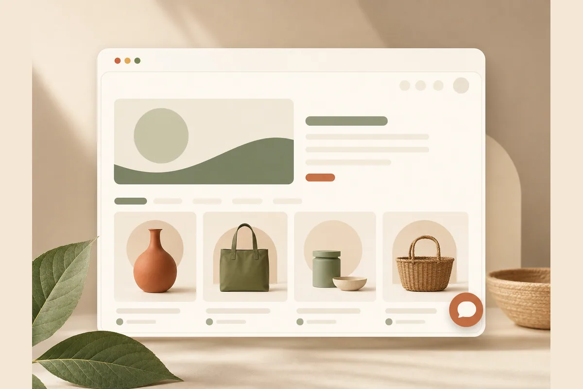 Mockup jendela browser dengan tata letak toko dan tombol gelembung chat, menggambarkan website toko online dengan order via WhatsApp.