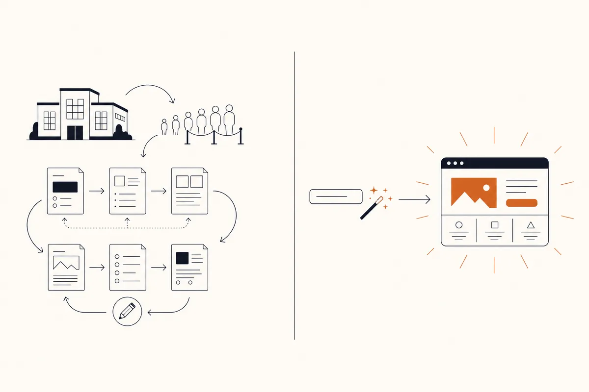 Web design service vs AI website builder: the service route has many stages and revisions, the AI route turns one sentence into a finished website