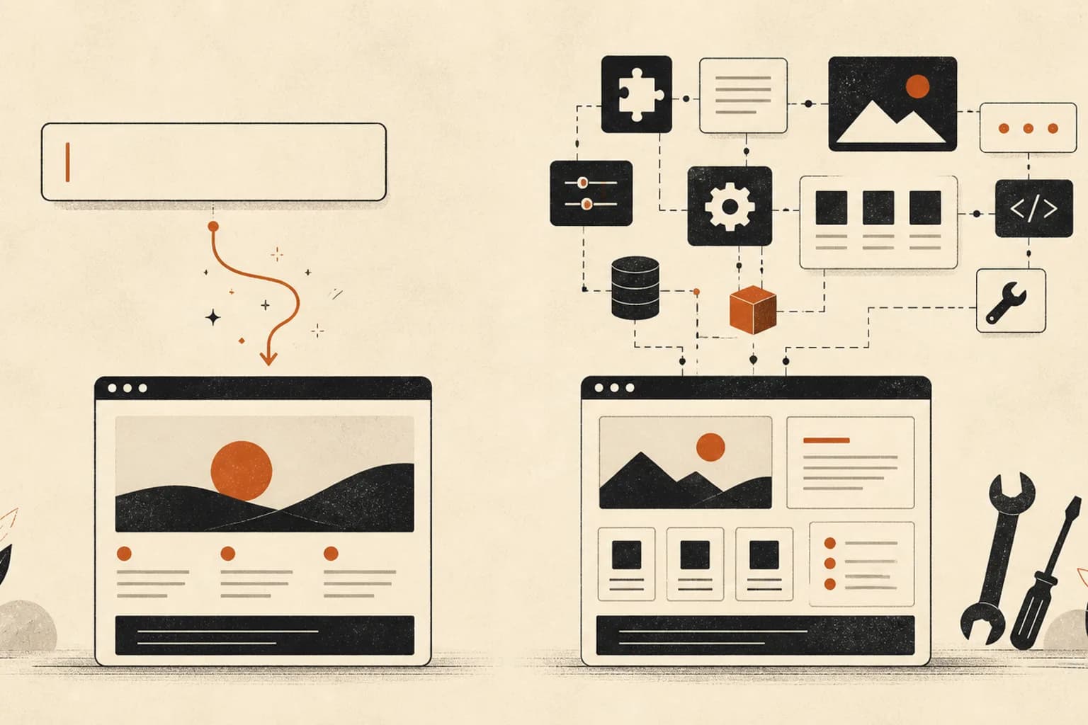 AI website builder compared with WordPress, showing a prompt-led path and a modular system assembly path
