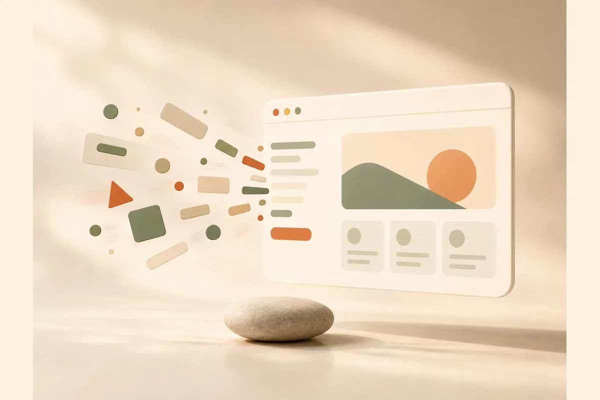 Mockup jendela browser yang seakan menyatu dari kepingan bentuk geometris yang berkumpul ke tengah, menggambarkan cara tercepat membuat landing page gratis dengan AI.