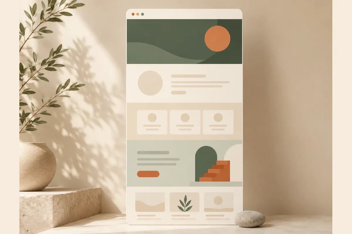 A tall browser window laid out like a long landing page with a banner, sections, and a button shape, built without code.