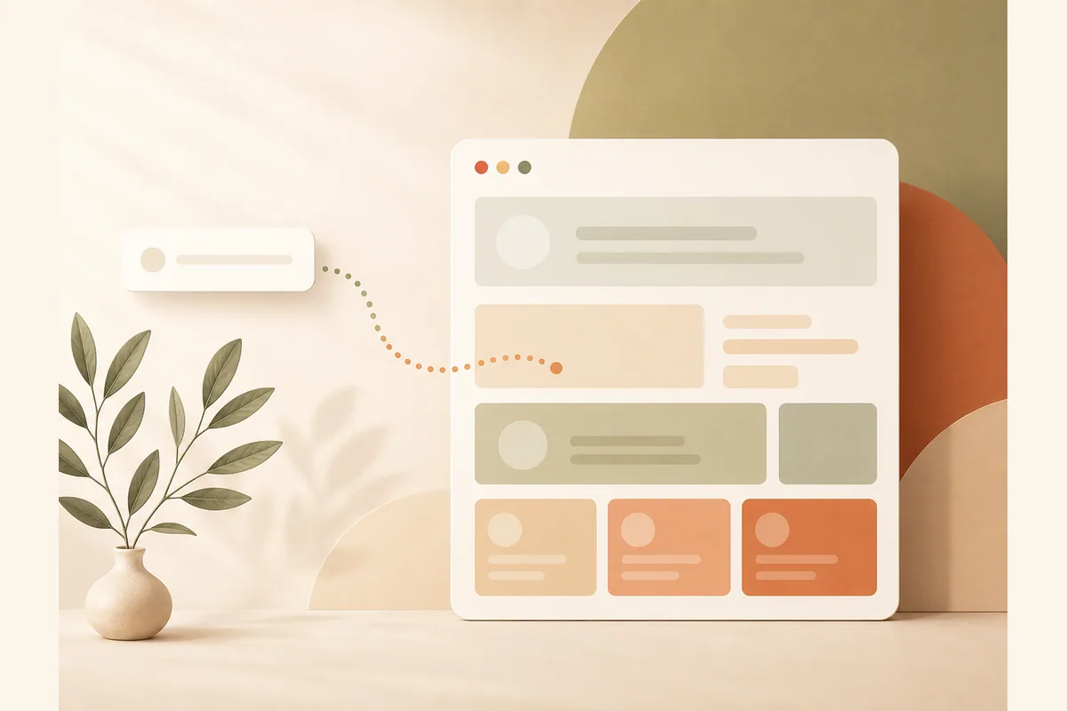 Sebuah bilah input mengalirkan titik-titik menuju mockup jendela browser yang menyusun dirinya, menggambarkan prompt AI yang membentuk website.