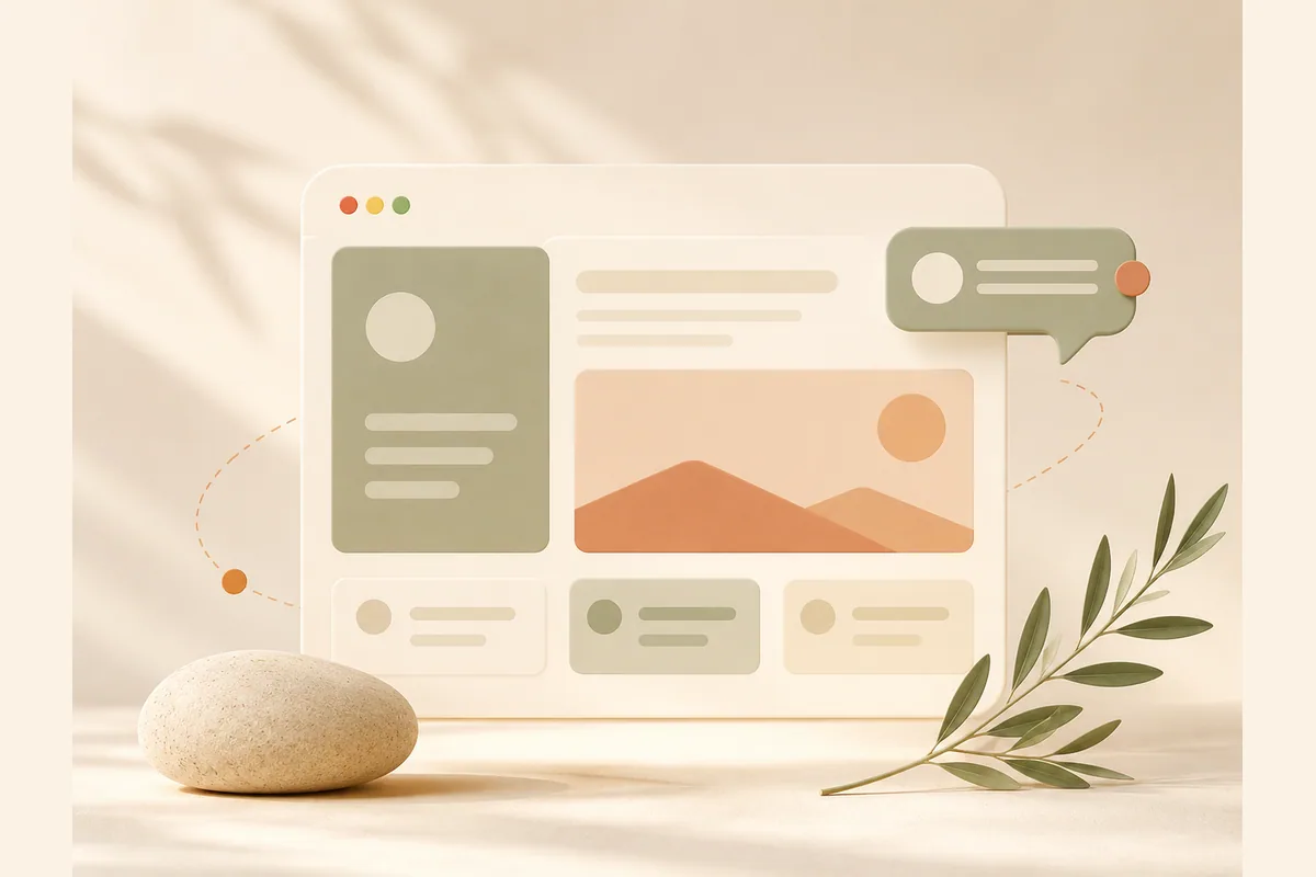 A browser window mockup with a chat bubble beside it and neatly aligned blocks, representing Readdy's conversation-driven, design-forward output.