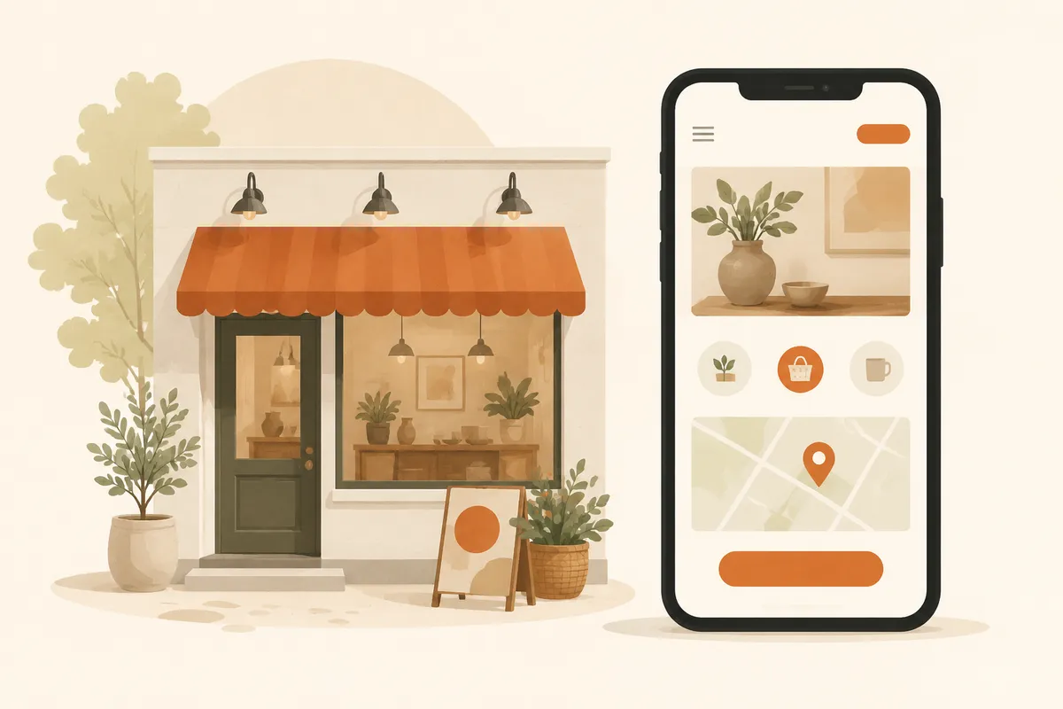 A small business website showing a menu, a contact button and a location pin