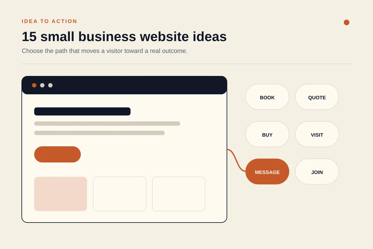 A warm editorial board connecting fifteen small business website ideas to clear customer actions such as booking, buying, requesting a quote, and starting a chat