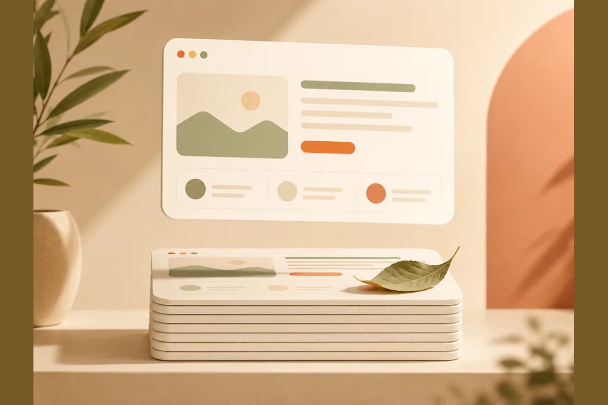 A single browser window lifting away from a stack of identical template windows, representing the search for a Squarespace alternative beyond rigid templates.