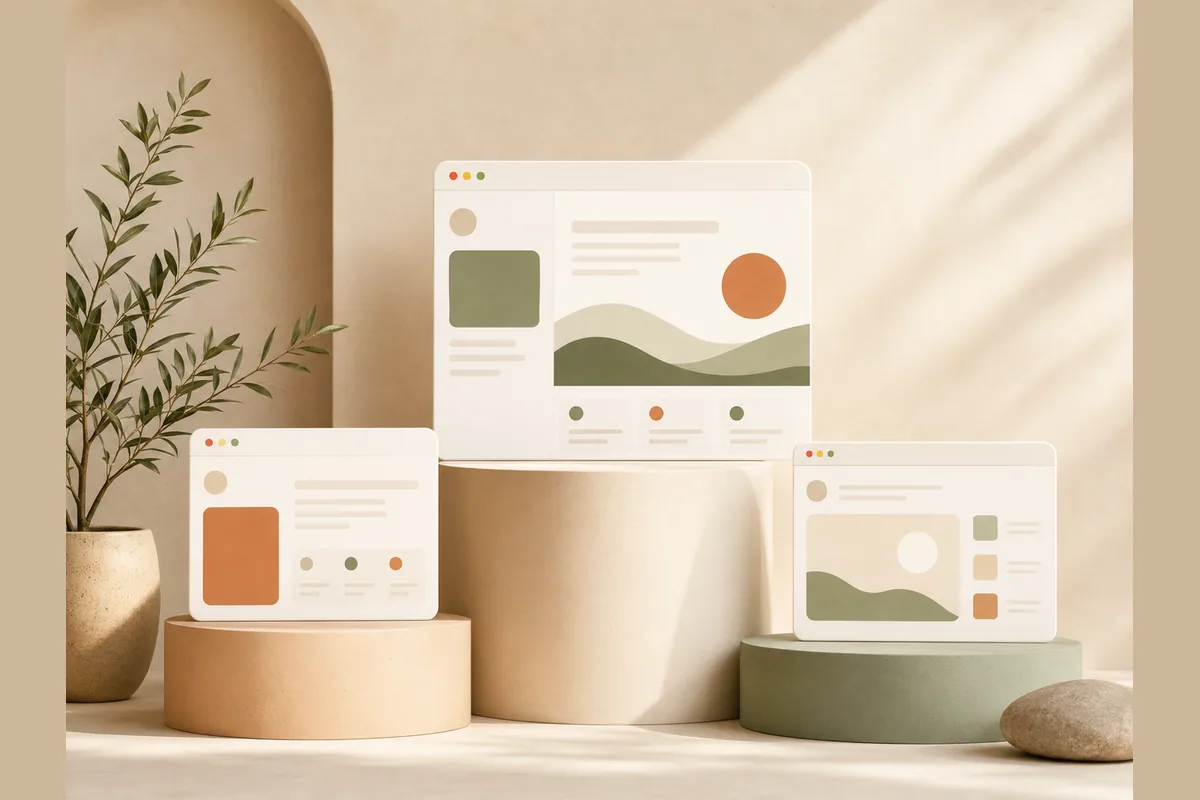 Three browser window mockups displayed on pedestals of varying heights like a winners stand, representing top small business website examples.