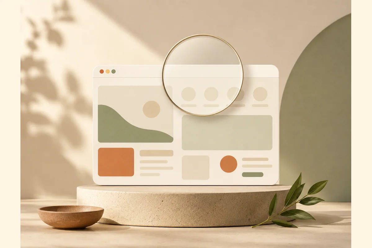 A browser window mockup on a pedestal with a large magnifier lens hovering above, illustrating an honest review of the Unbounce landing page builder.