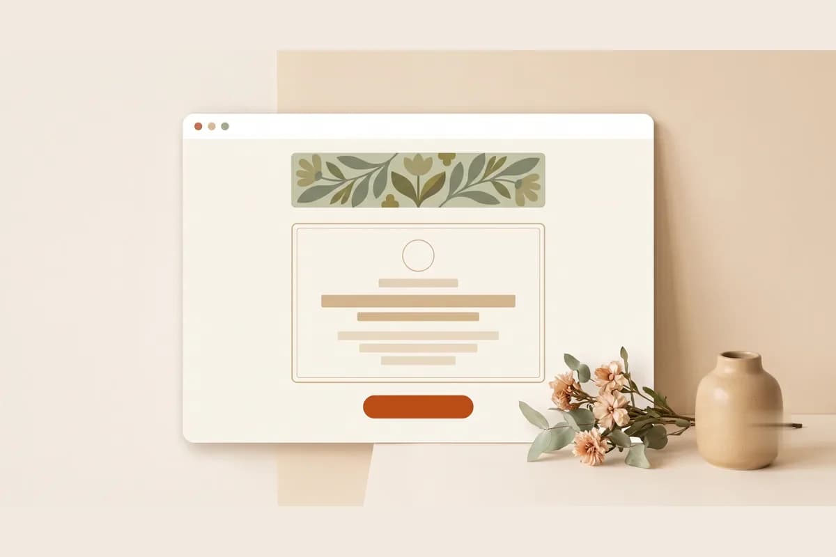 Mockup jendela browser berisi halaman undangan acara dengan header berhias bunga, panel berbingkai di tengah, dan satu tombol menonjol, menggambarkan undangan website digital.