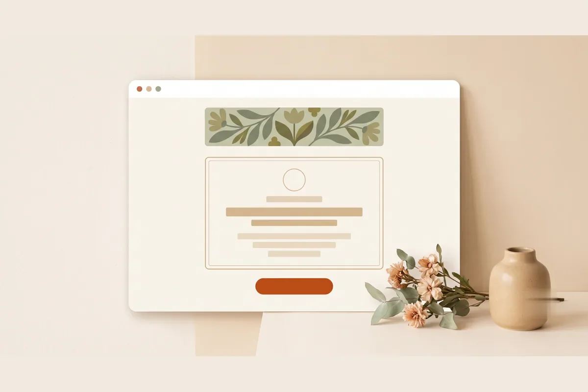 Mockup jendela browser berisi halaman undangan acara dengan header berhias bunga, panel berbingkai di tengah, dan satu tombol menonjol, menggambarkan undangan website digital.