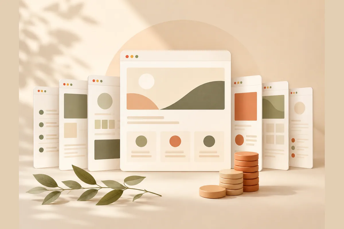 One central builder window producing several smaller client site windows beside a growing stack of coins, illustrating an agency shipping sites fast while keeping margin.