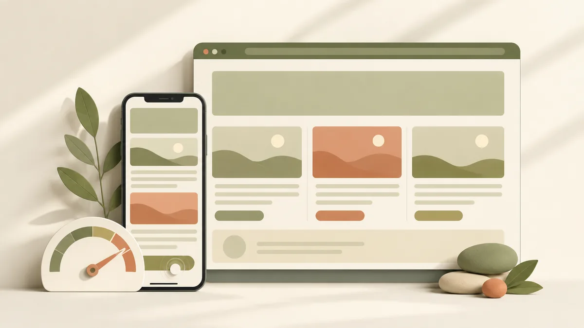 Satu halaman website dilihat dari layar smartphone dengan sinyal lemah, teks dan tombol order tetap terbaca jelas sementara ikon pemuatan berputar di sisi lain.