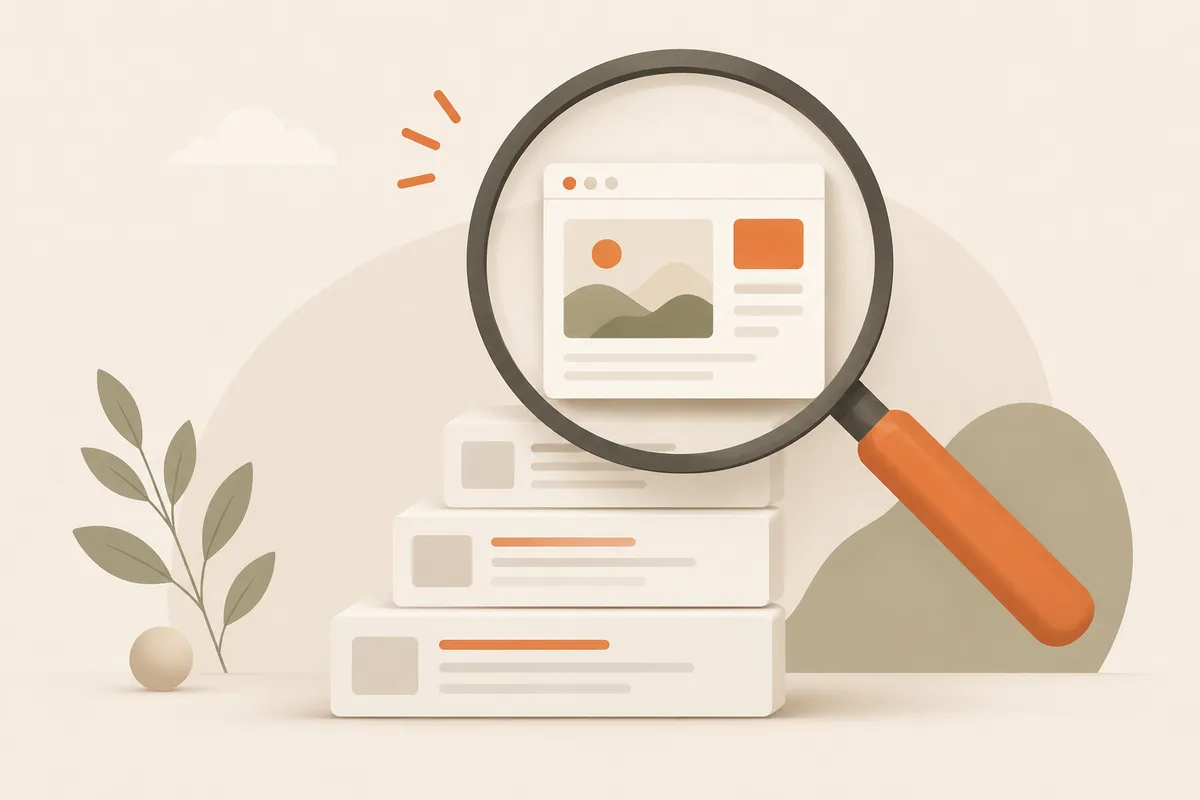 A website climbing the search results under a magnifying glass