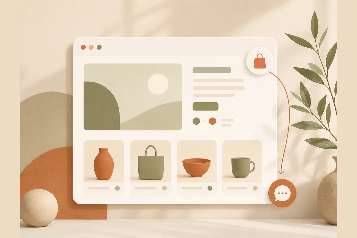 Mockup toko online dengan tas belanja yang terhubung ke gelembung chat, menggambarkan website toko yang checkout-nya lewat WhatsApp.