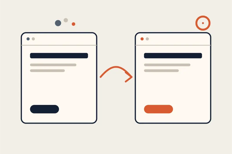 Two business browser windows connected by an ember arrow, representing social discovery flowing into a website that converts visitors