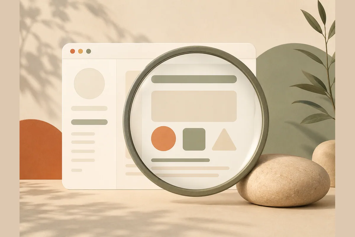 A browser window mockup examined through a magnifying lens, representing an honest review of the WebWave AI website builder.