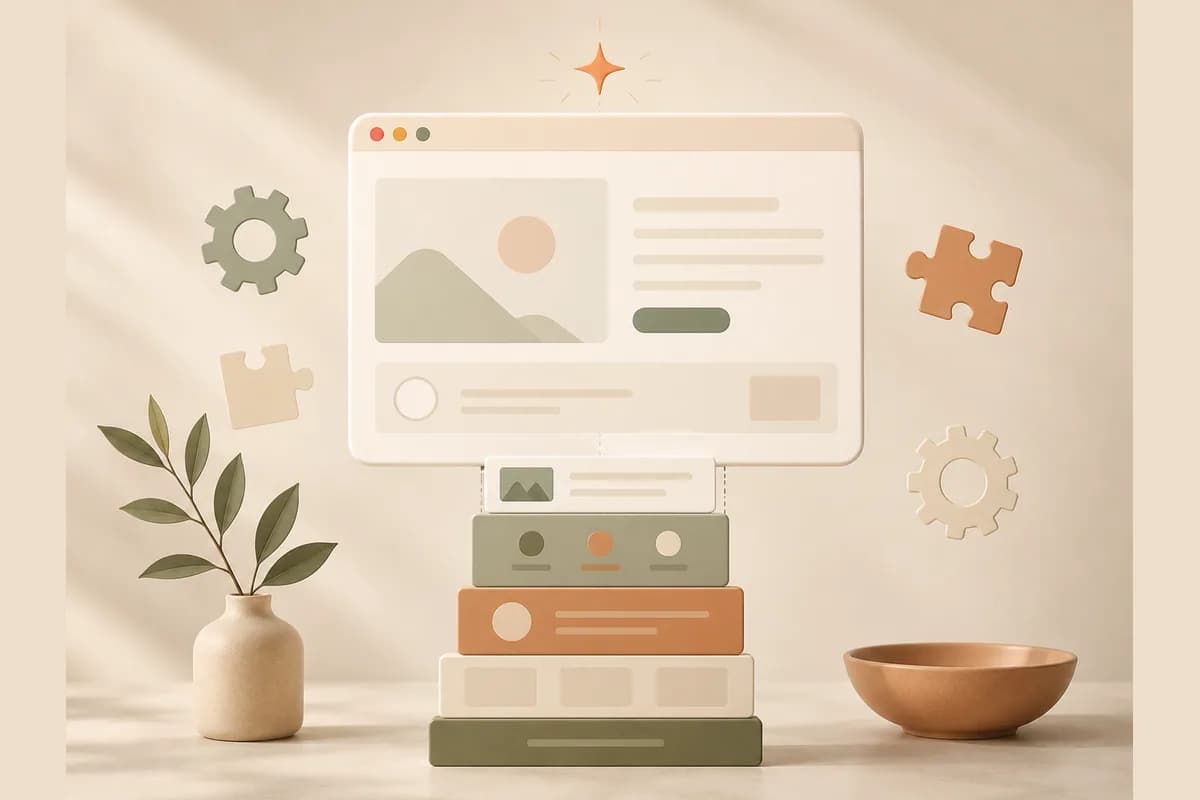 A browser window mockup assembling from a stack of blocks surrounded by gear and puzzle shapes, showing an AI builder on a platform that needs upkeep.