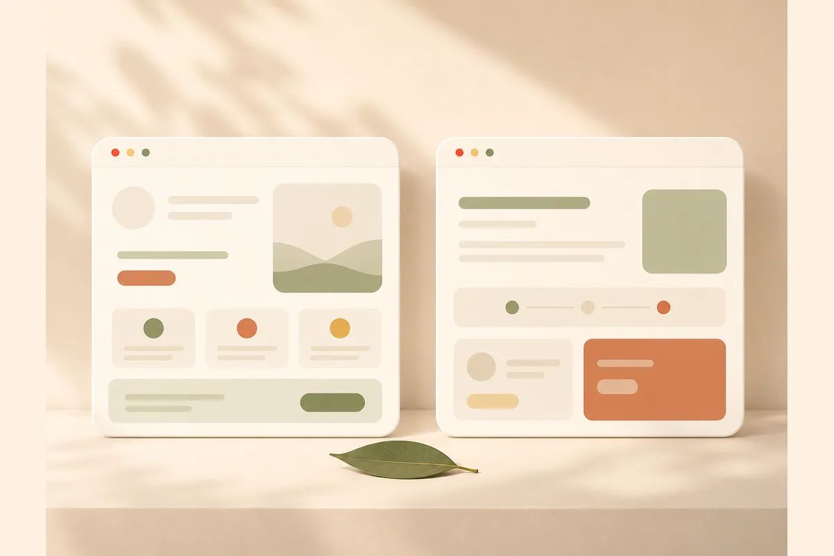 Two browser window mockups side by side showing different page layouts for a builder comparison.