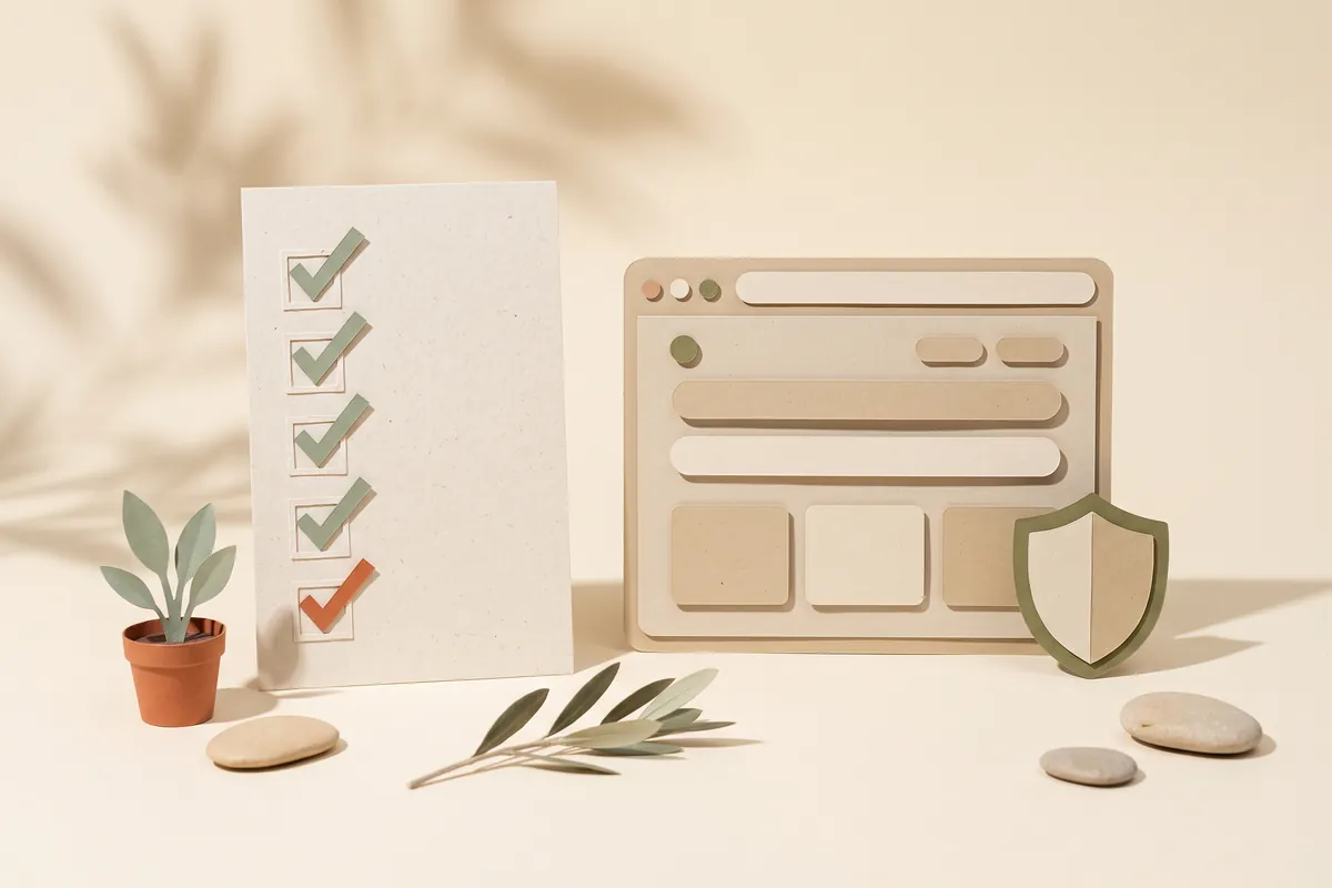 A paper checklist card with a column of sage tick marks and one terracotta tick, standing next to a browser window and a small paper shield