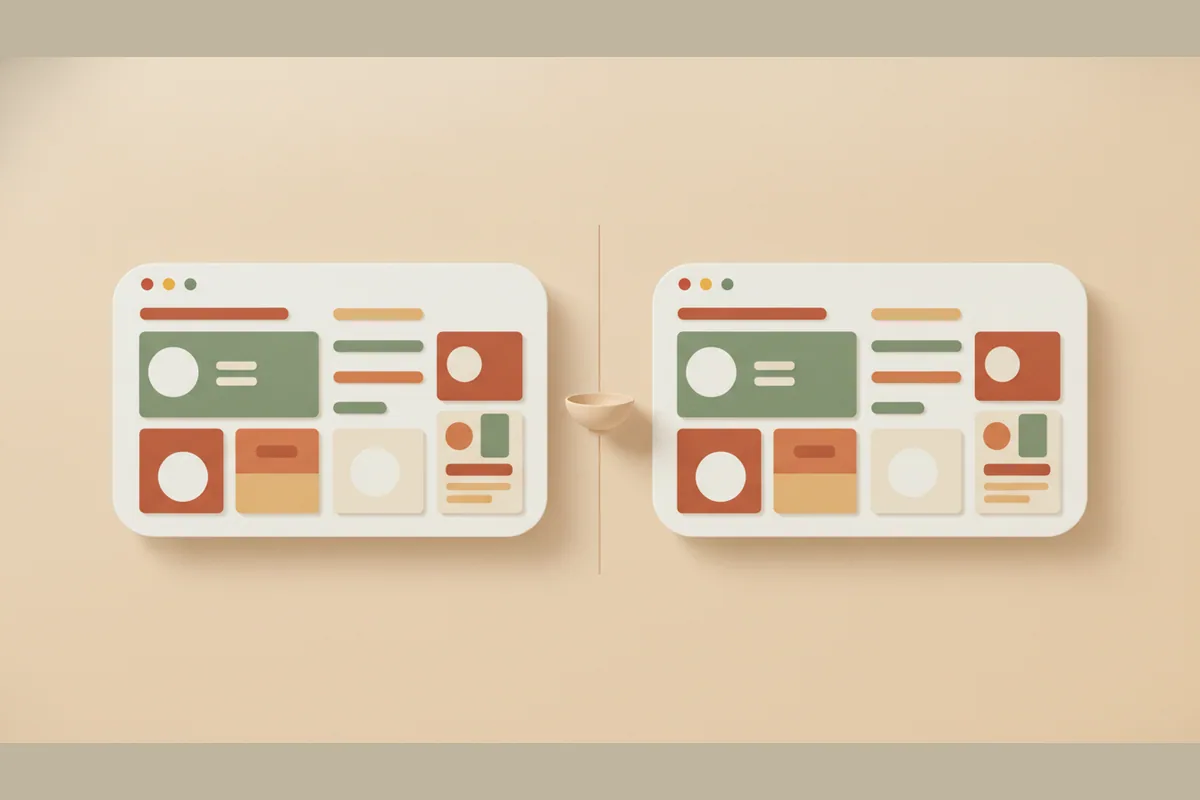 Dua kartu browser bersebelahan, satu duplikat persis dan satu hanya berbagi kerangka grid dengan bentuk berbeda, memisahkan clone yang melanggar dari yang aman.