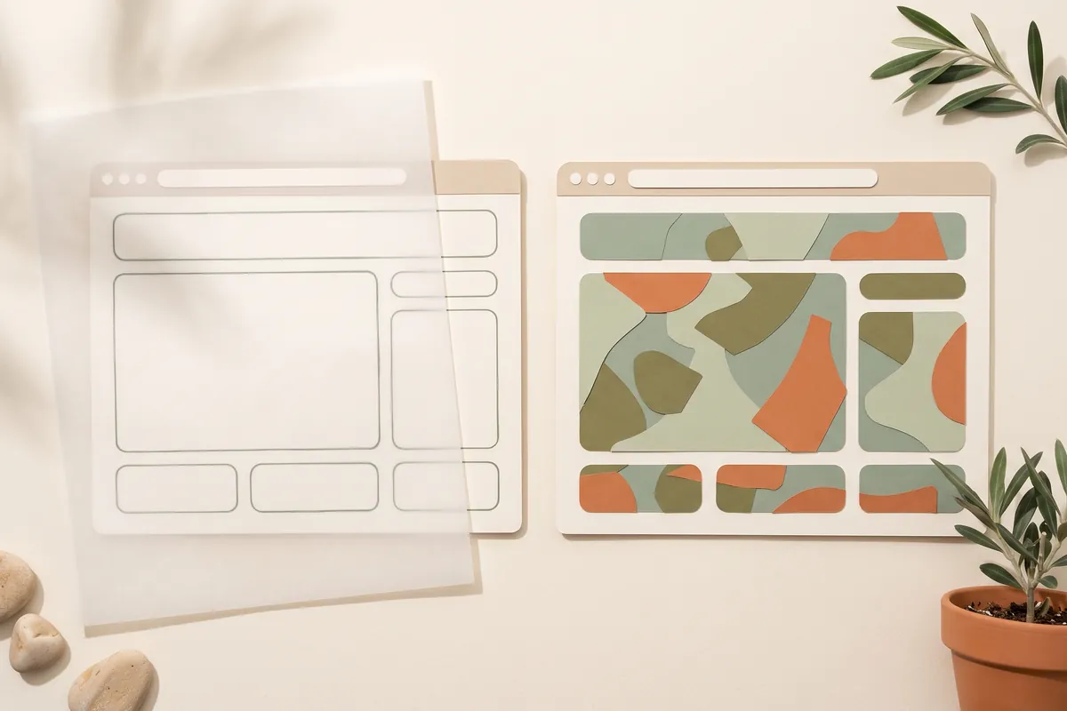 A sheet of tracing paper over a browser window showing only the empty layout outline, next to a new browser window with the same layout filled with different sage and terracotta shapes