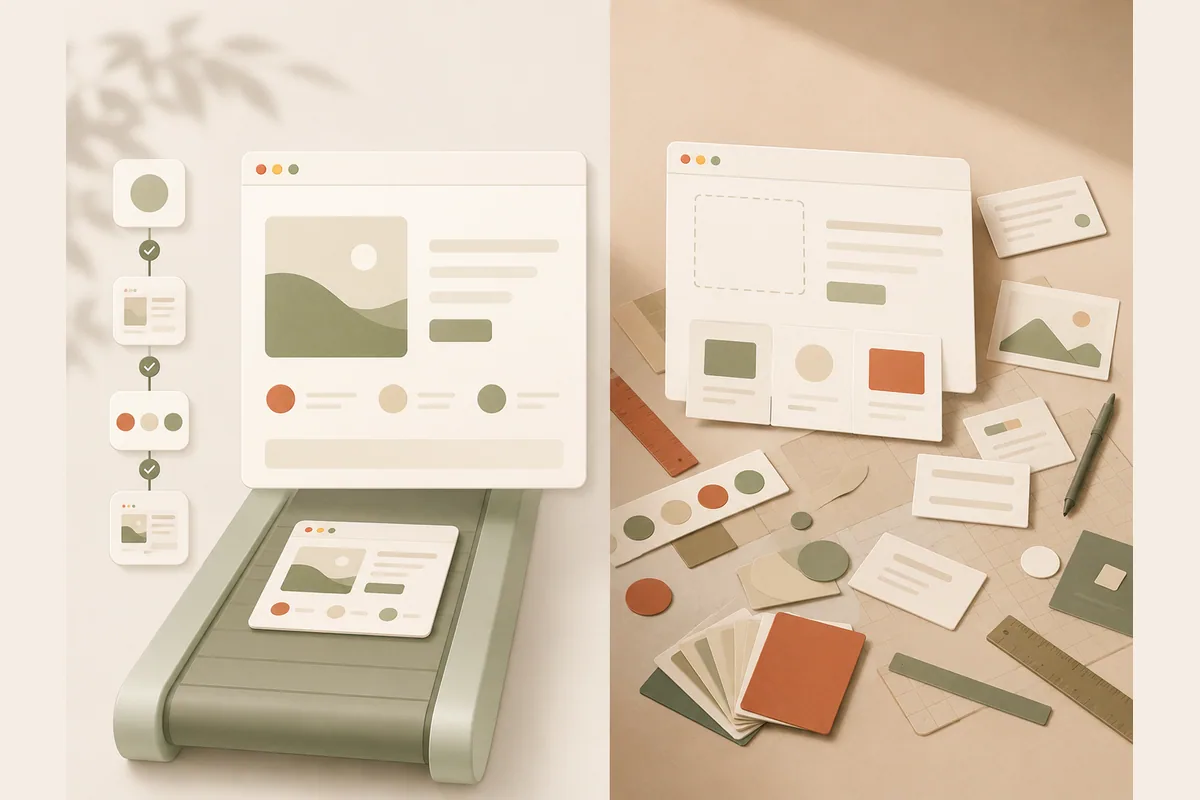 Perbandingan desain otomatis oleh AI dengan desain manual yang penuh perkakas.