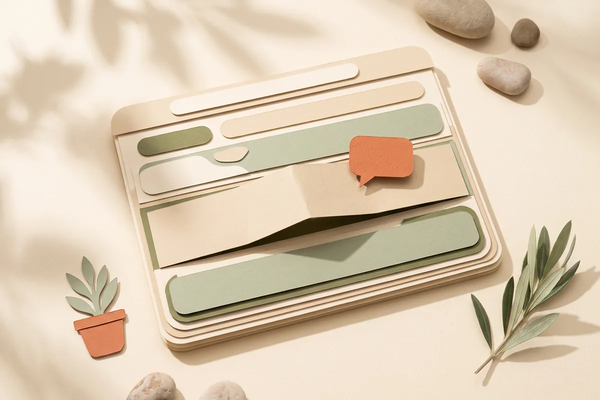A paper browser window of stacked sections where one section is folded up and being reshaped while a small terracotta chat bubble points at it