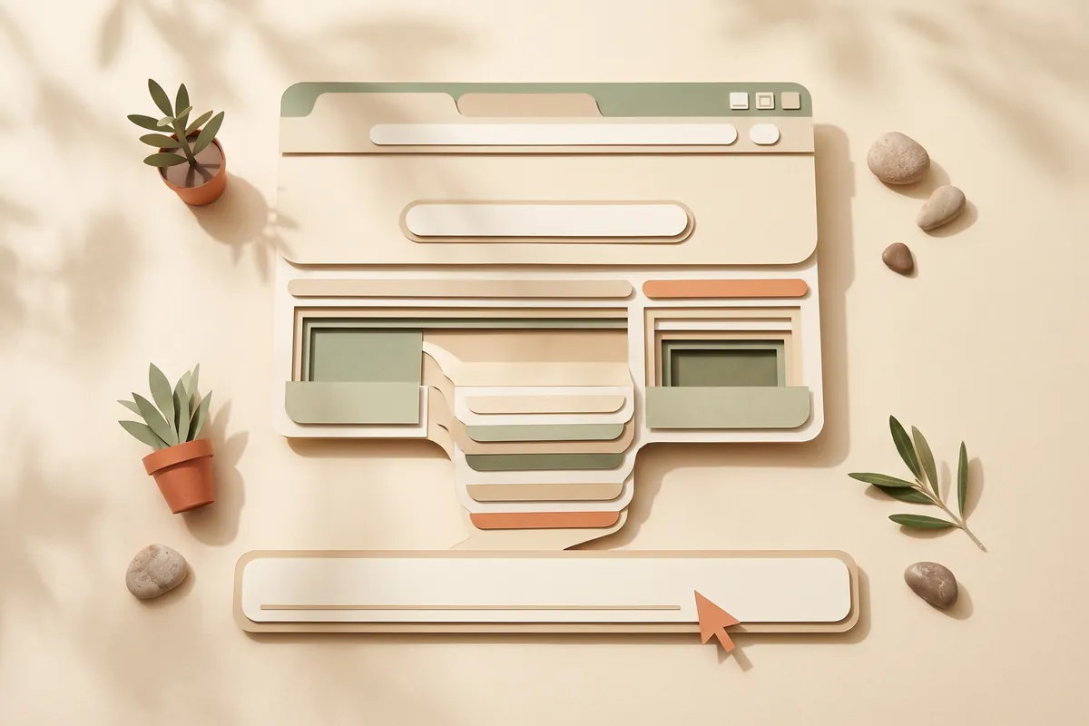 A long paper prompt bar with a small terracotta cursor at the bottom, from which layered paper sections rise and assemble into a browser window above