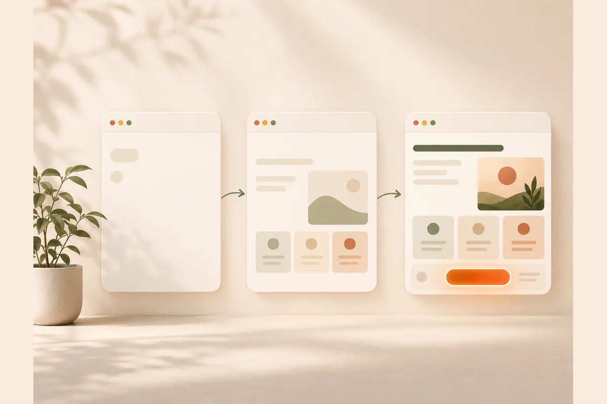 Three small browser cards in a row progressing from empty to fully built, illustrating the idea to live page workflow.