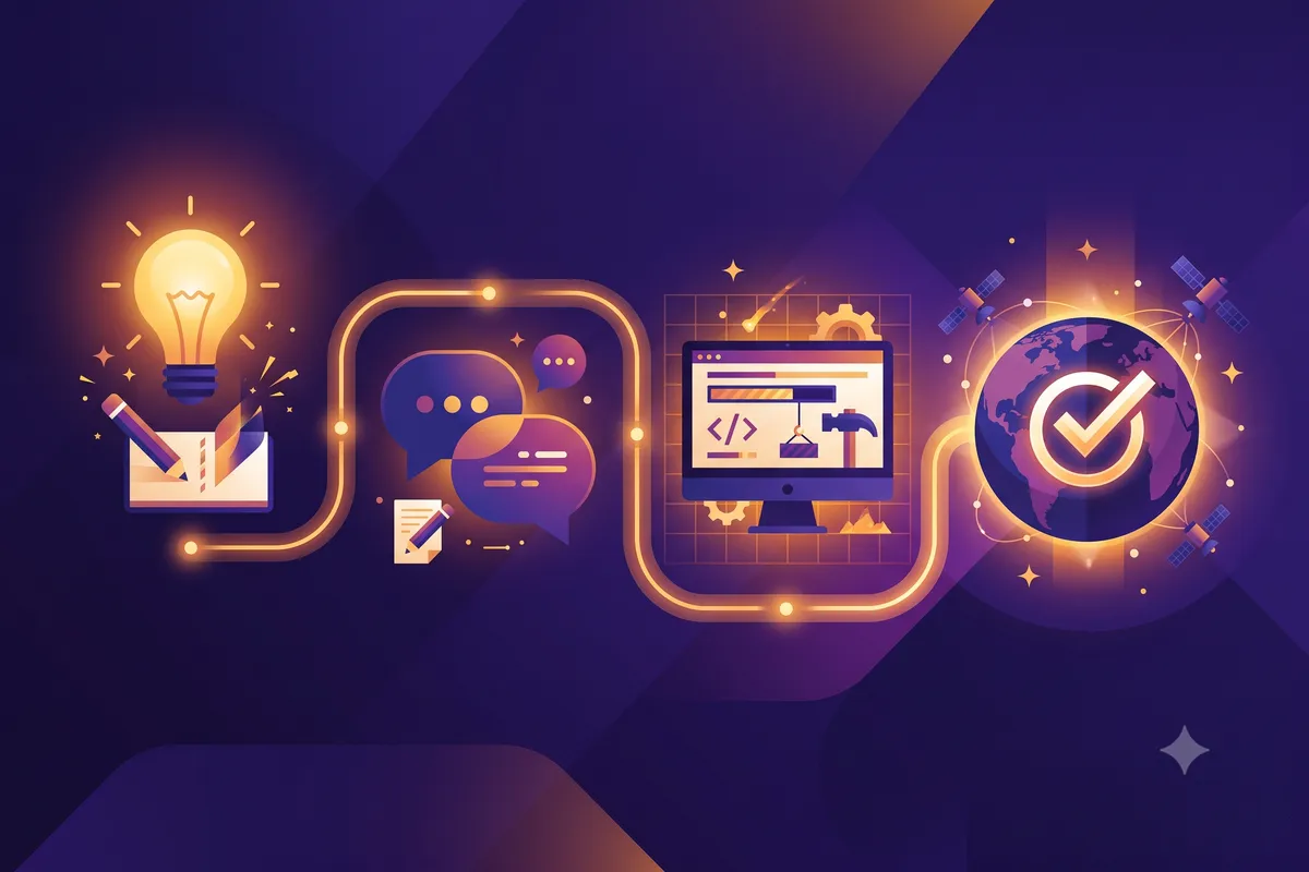 Empat tahap kerja AI pembuat website dari kiri ke kanan: bola lampu ide, gelembung percakapan berisi deskripsi bisnis, layar monitor yang sedang menyusun halaman, dan globe dengan tanda centang sebagai situs tayang