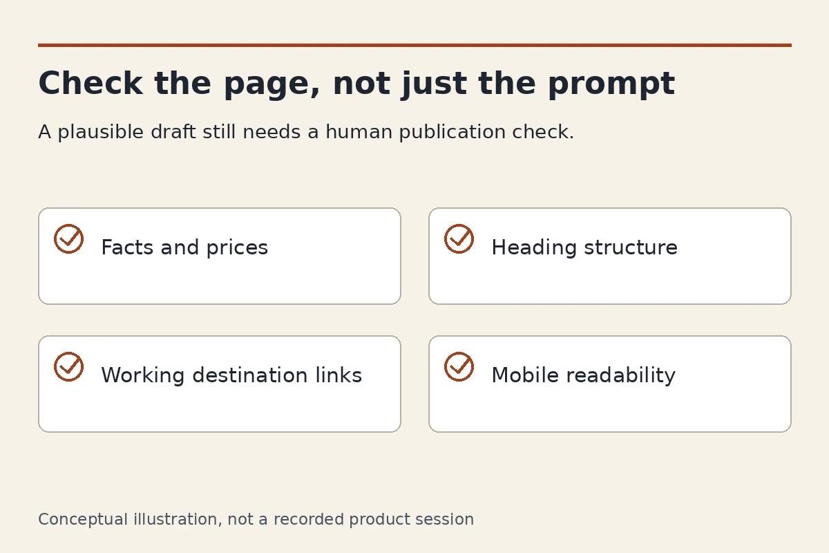 Checklist for facts, headings, links and mobile readability before publishing