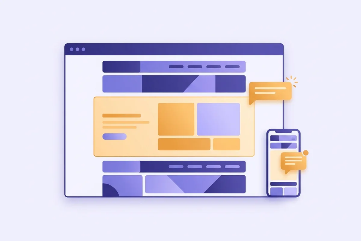 Satu halaman website dengan section tengah menyala amber sedang dibangun ulang oleh gelembung percakapan, sementara section lain tetap utuh, dan smartphone di samping menampilkan notifikasi chat masuk