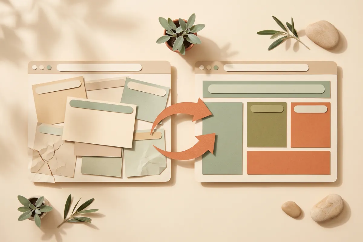 Two paper browser windows side by side, the left one cluttered with crooked faded blocks and a cracked corner, the right one clean with aligned sage and terracotta sections, joined by curved terracotta arrows