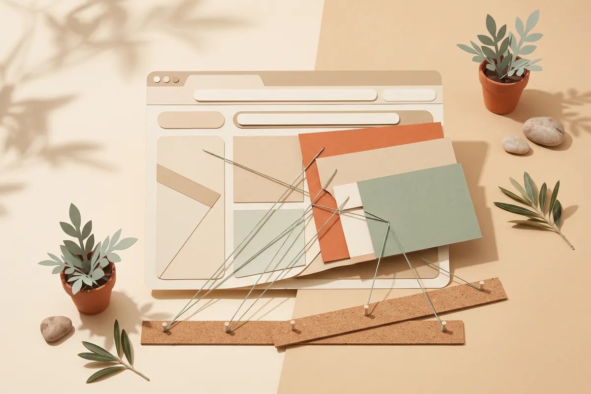 A paper browser window being renewed with fresh sections while thin sage threads from pins on a cork strip stay attached to it unbroken