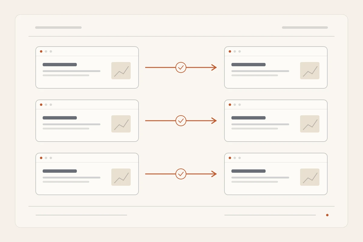 Three original browser cards connected individually to three replacement cards, illustrating a page-by-page migration map.