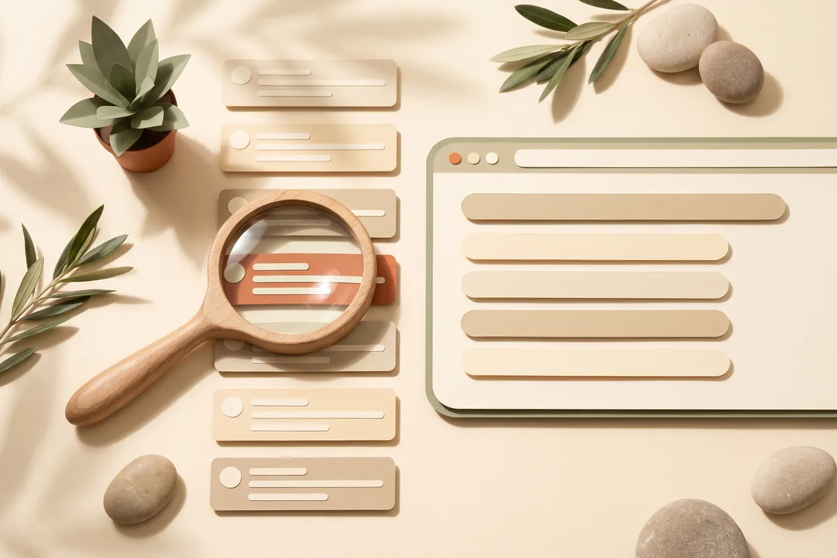 A wooden magnifying glass resting over a column of paper comment cards beside a browser window, the card under the lens highlighted in terracotta