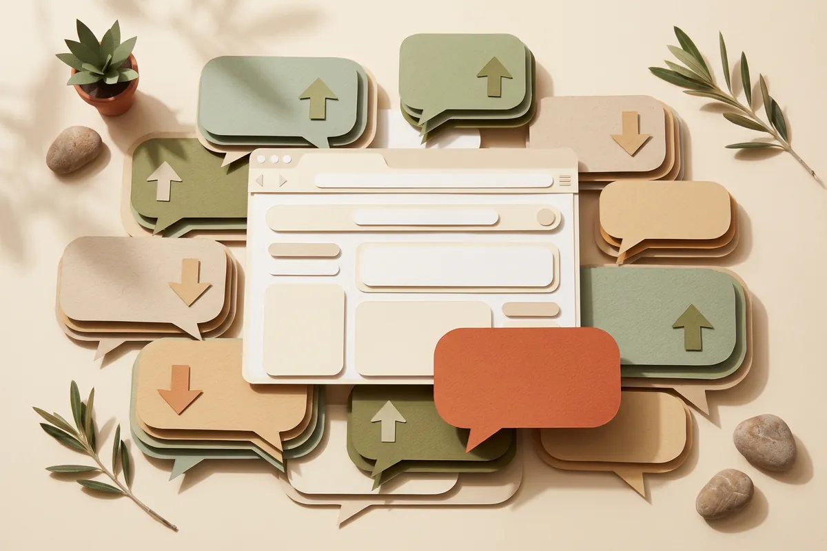 A browser window surrounded by stacks of paper speech bubbles, some marked with upward arrows and some with downward arrows, one terracotta bubble in front