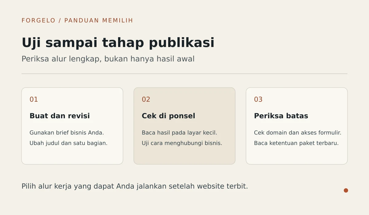 Tiga tahap evaluasi: membuat dan merevisi, memeriksa di ponsel, lalu membaca batas paket.