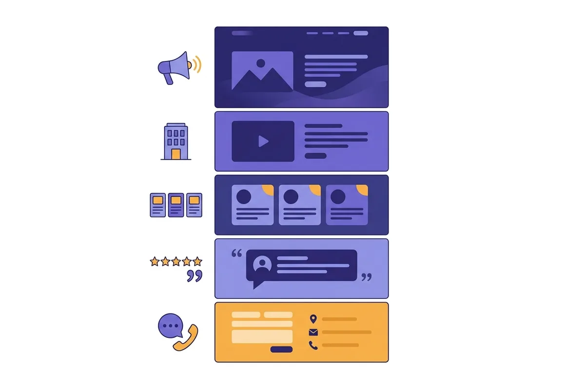 Lima bagian wajib website company profile tersusun dari atas ke bawah: hero, tentang kami, layanan, testimoni, dan kontak yang disorot warna amber