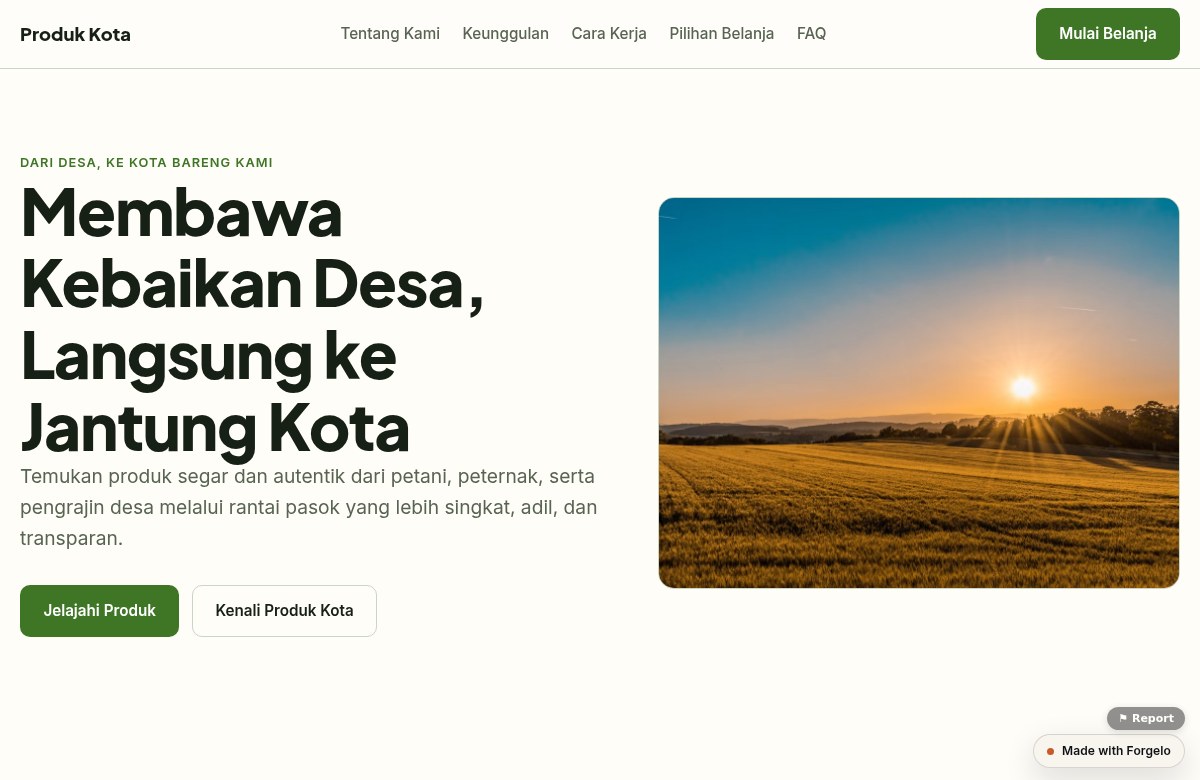 Tampilan pembuka contoh publik Produk Kota yang menjelaskan penawaran produk desa untuk pelanggan kota