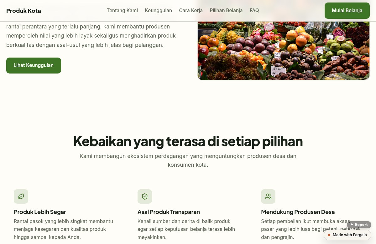Bagian manfaat pada contoh publik Produk Kota yang menjelaskan asal produk dan distribusi