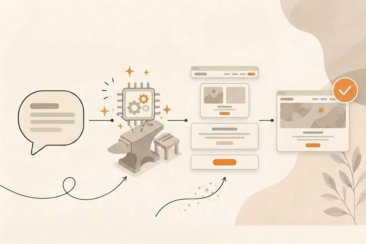 A calm visual workflow showing a business website moving from a rough idea through structured sections to a published page