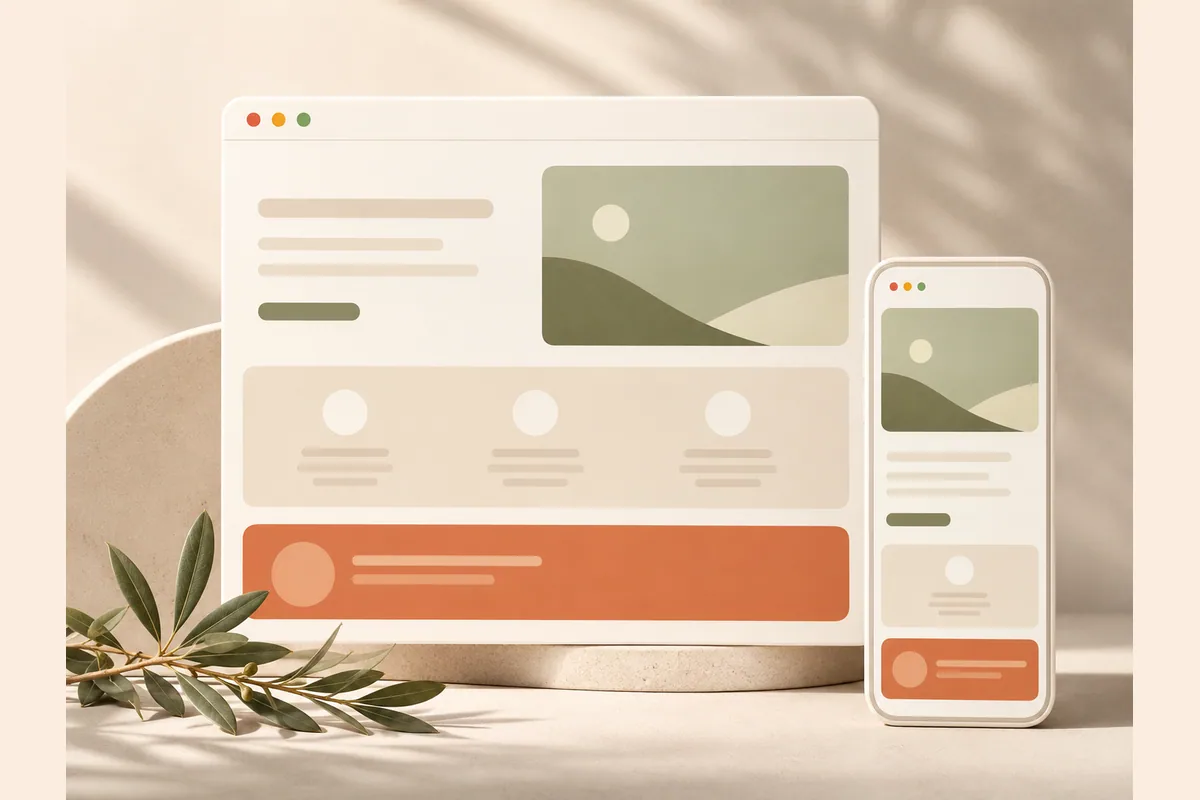 Mockup ponsel ramping di samping mockup desktop yang lebih besar dengan tata letak sama rapi, menunjukkan undangan website yang tetap rapi dibuka dari HP.